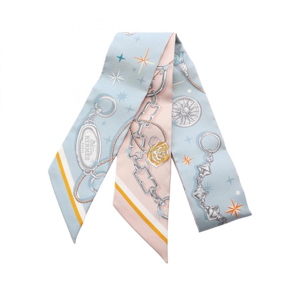 Hermes Twilly C'EST LA FETE Ribbon Scarf Muffler Silk Women's Blue Multicolor